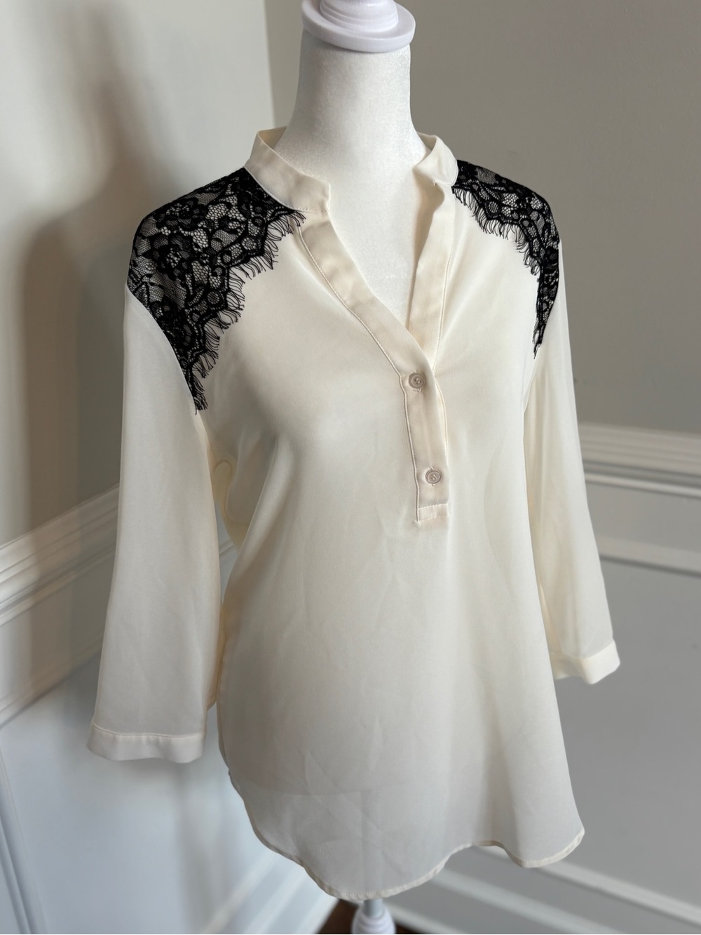 Tempted Cream Blouse with Black Lace Shoulders and back!